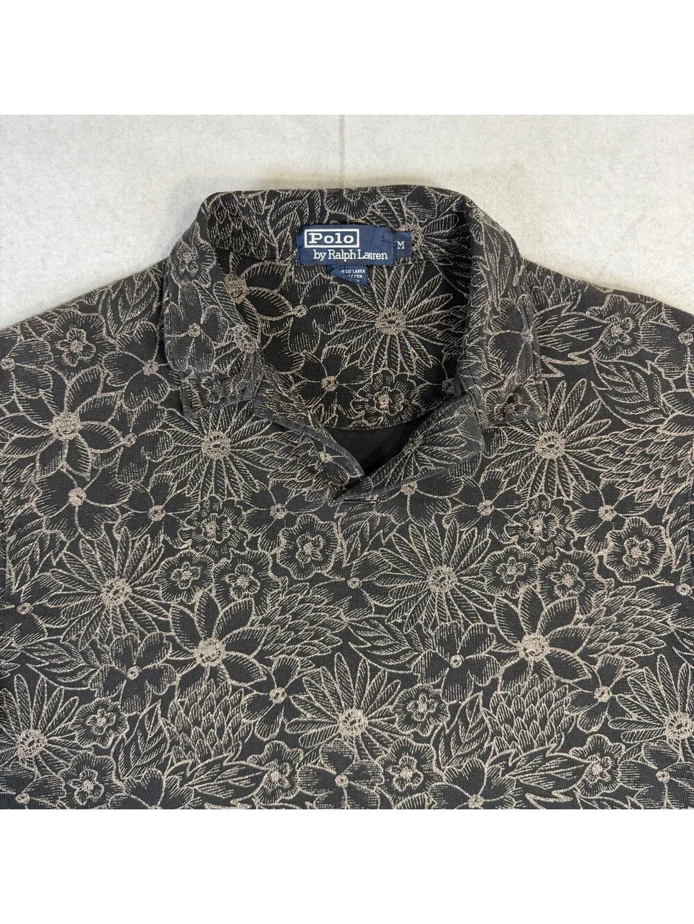 VTG 90s Polo Ralph Lauren Polo Shirt Mens Medium Black Floral Linen Cotton Blend